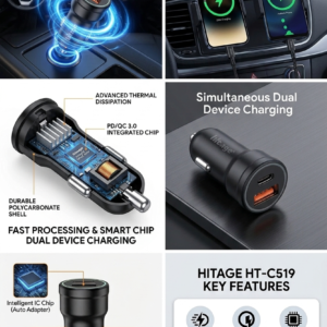 Hitage HT-C519 Car Charger | 20W PD + QC 3.0 Fast Charging | Dual USB Port | Smart IC Protection (Black)