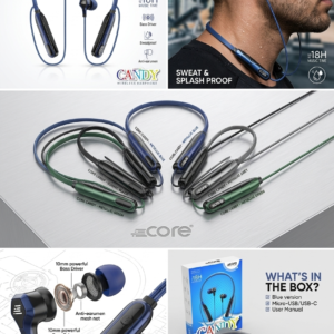 Core Candy Wireless Neckband Bluetooth Earphones | 18H Playtime | Deep Bass | Sweatproof (Blue)